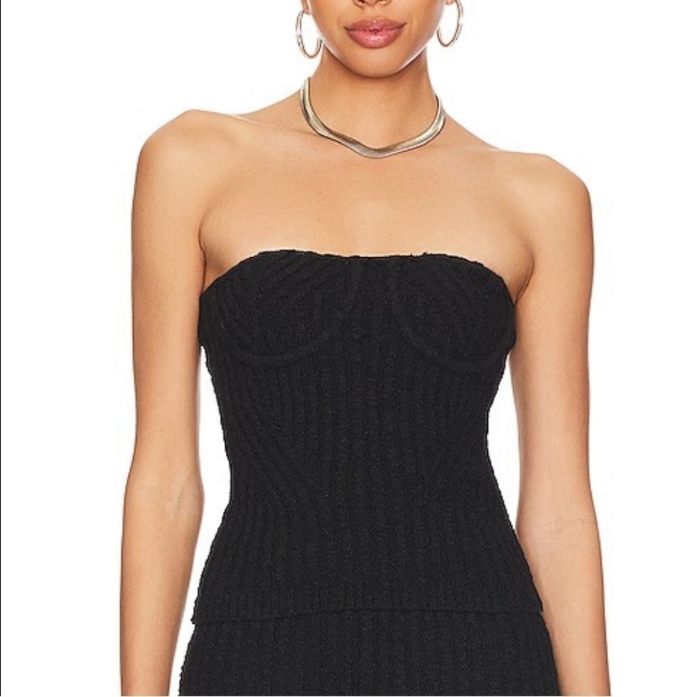 NBD Tara Boucle Knit Bustier black strapless ribbed sweater top